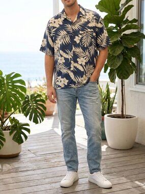 Paradise Cove 100% Silk Large Hawaiian Shirt Navy/Cream Resort Coastal Vacation